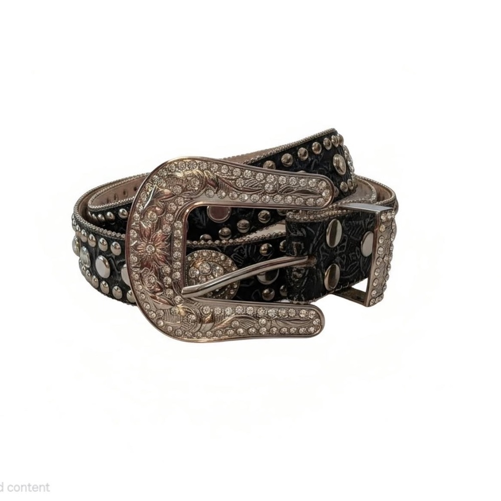 Source Unknown Black Studded Western-Style Belt with Rhinestone Buckle